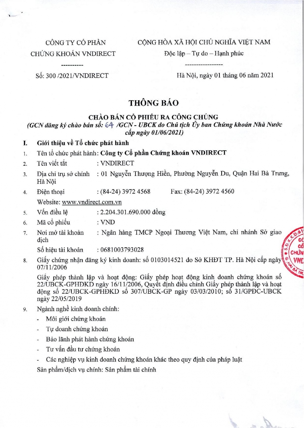 VNDIRECT thông báo chào bán cổ phiếu ra công chúng