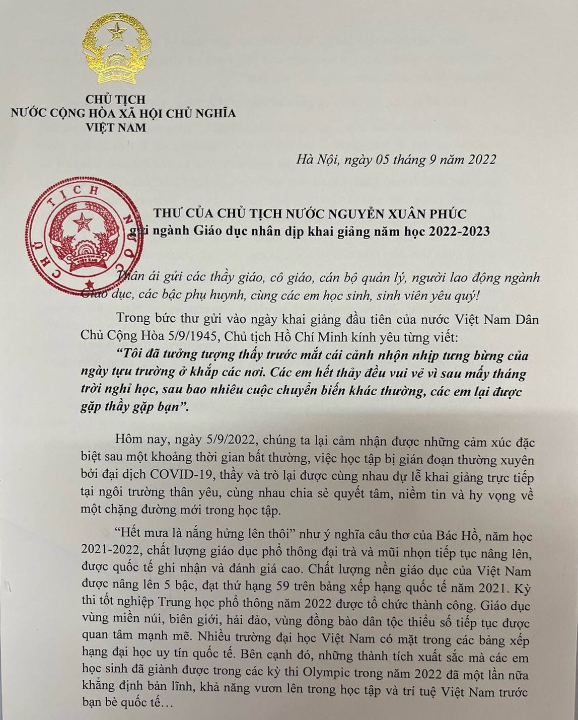 Chủ tịch nước gửi thư chúc mừng nhân dịp khai giảng năm học 2022-2023 - Ảnh 1. Chủ tịch nước gửi thư chúc mừng nhân dịp khai giảng năm học 2022-2023 - Ảnh 1.