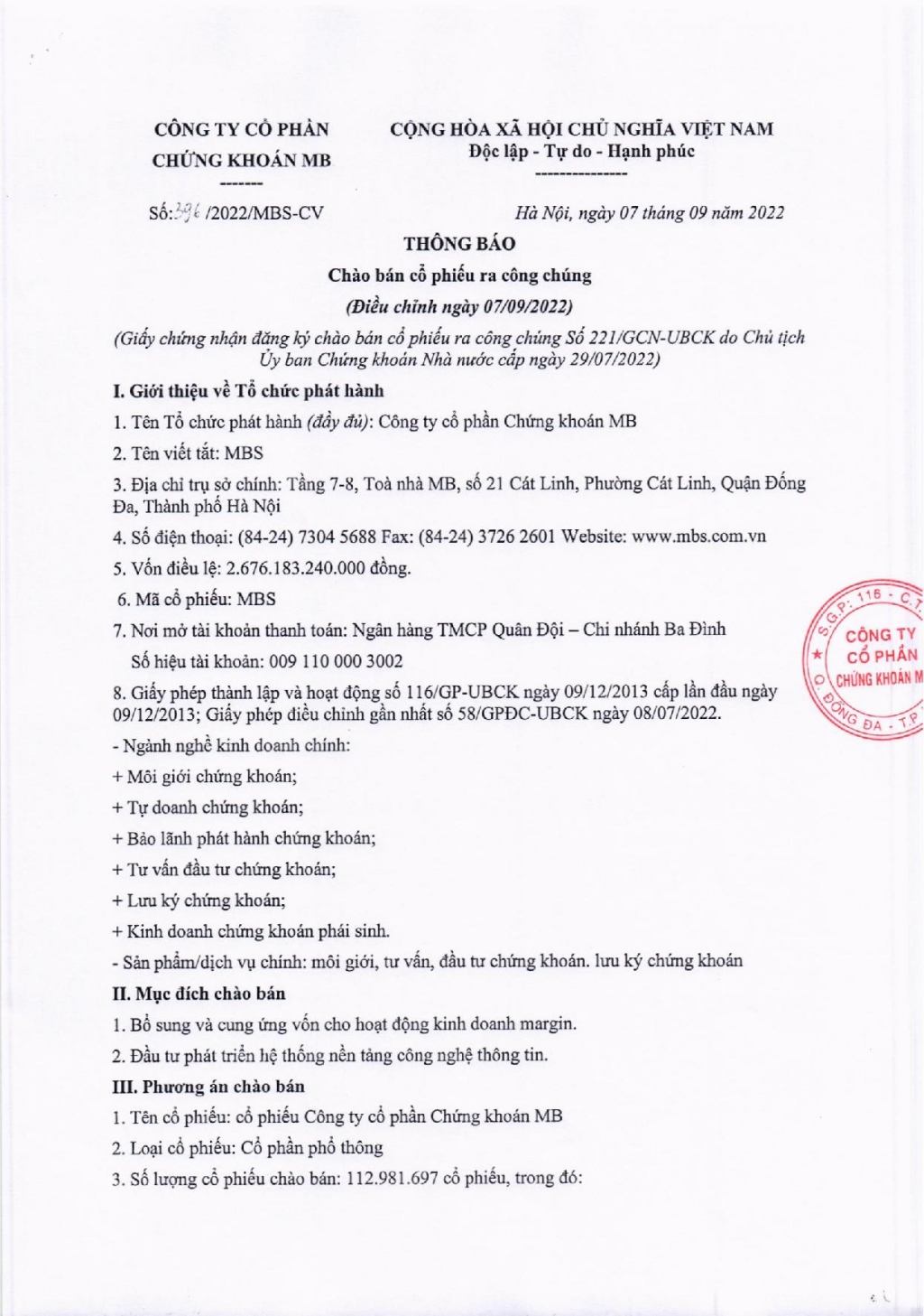 Công ty cổ phần Chứng khoán MB thông báo chào bán cổ phiếu ra công chúng